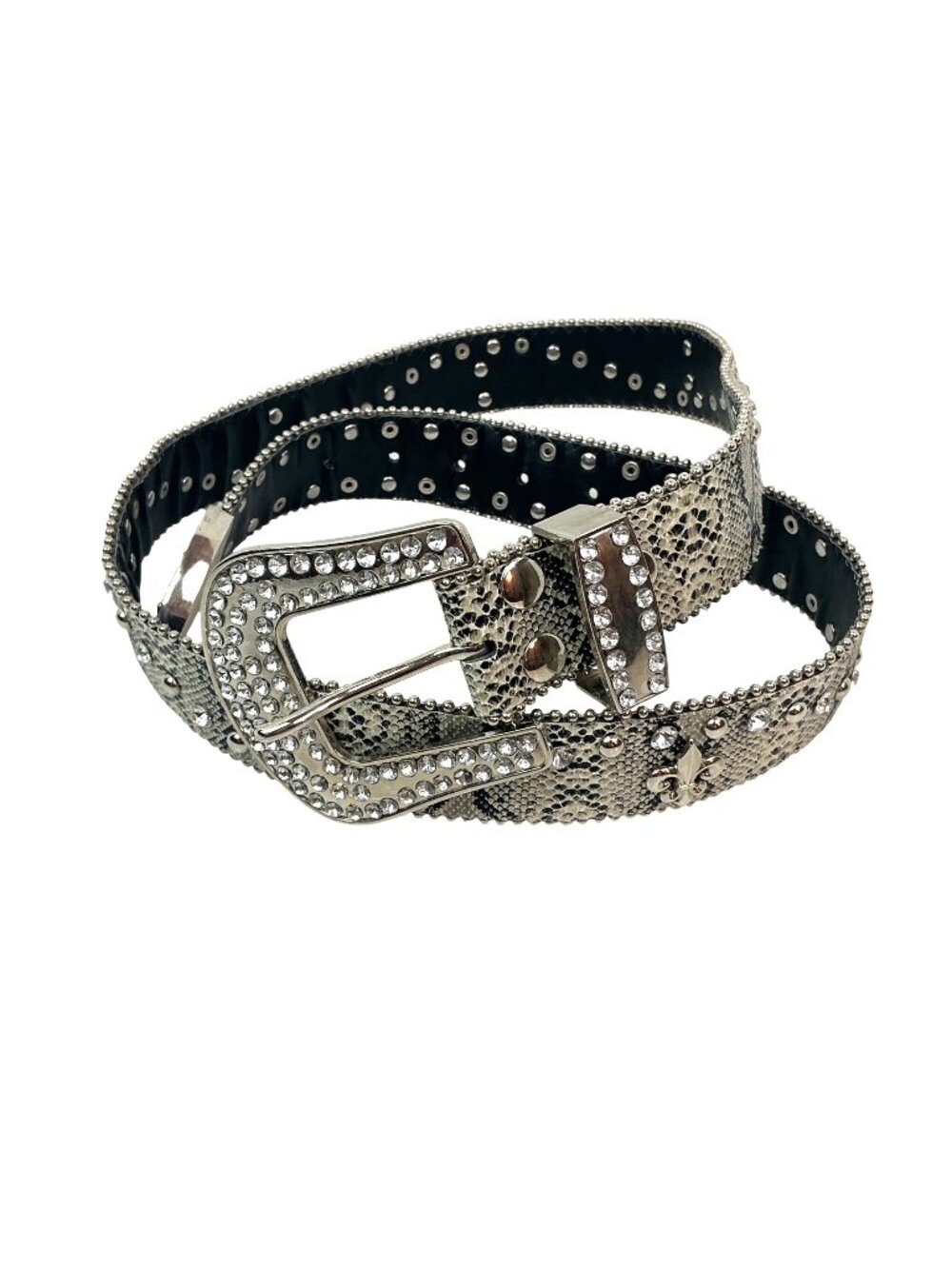 Western 6036 Snakeskin Rhinestone Fleur-De-Lis Studded Belt Womens Large Silver